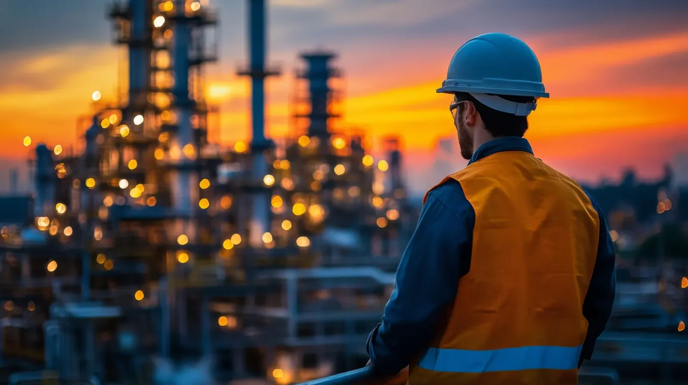 Ouvrier devant une raffinerie au crépuscule